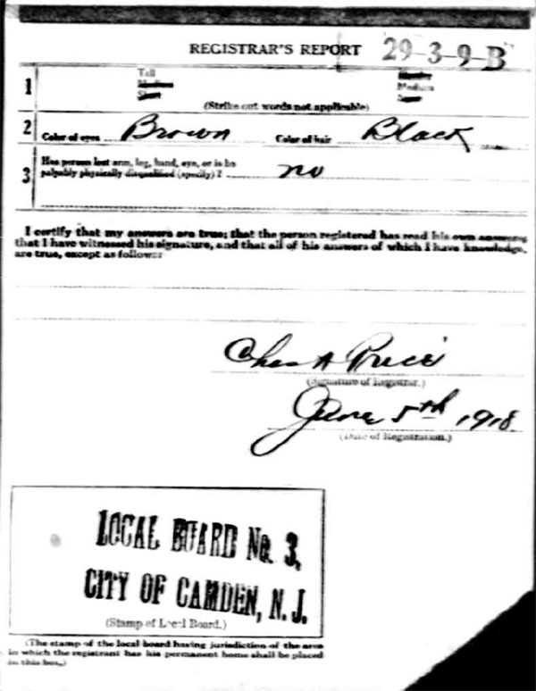 Arlington A. Baltimore World War I Draft Registration Card — back