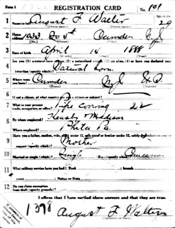 August F. Walter World War I Draft Registration Card — front