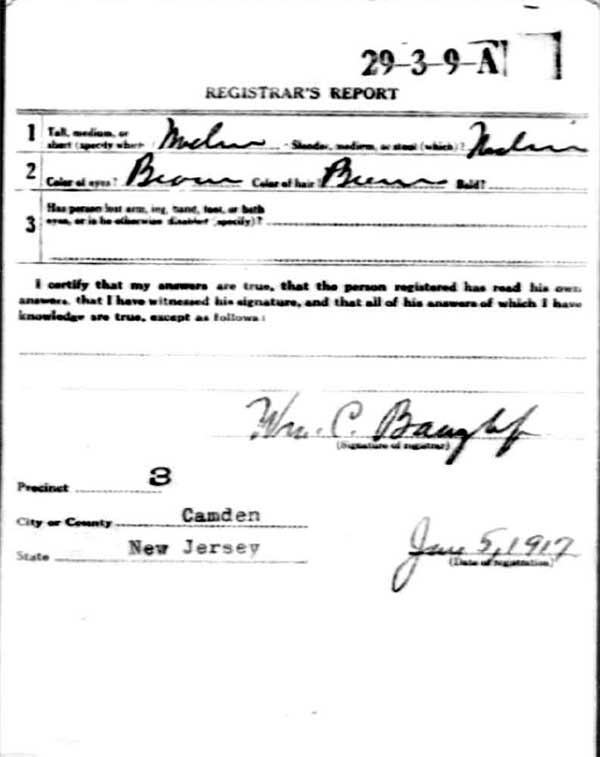 Benjamin Borstein World War I Draft Registration Card — back