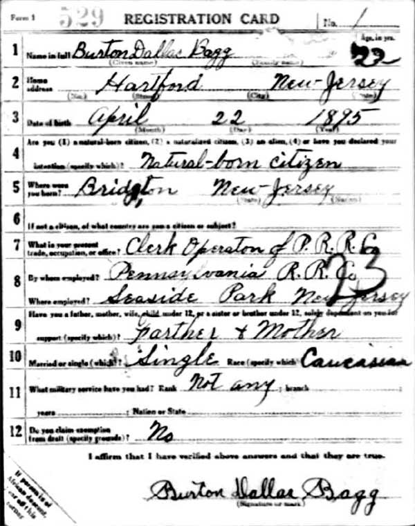 Burton Dallas Bagg World War I draft registration card (front)