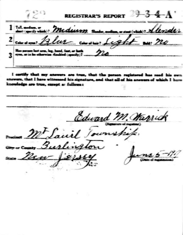 Burton Dallas Bagg World War I draft registration card (reverse)