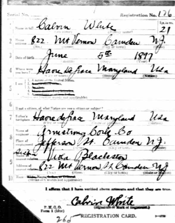 Calvin White World War I Draft Registration Card — front