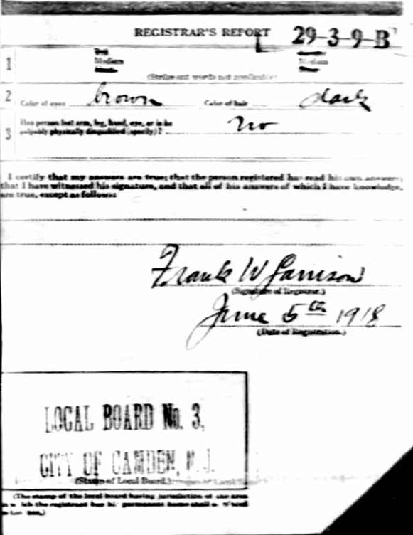 Calvin White World War I Draft Registration Card — back