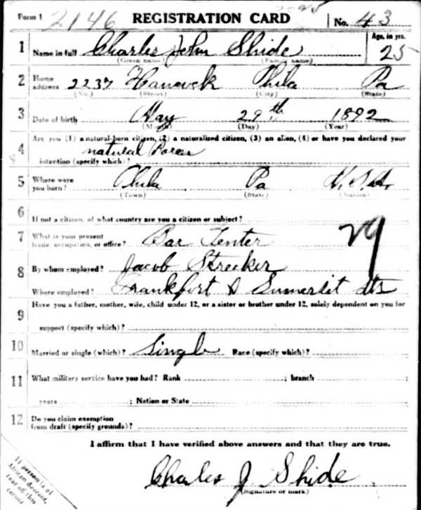 Charles J. Shide World War I Draft Registration Card — front