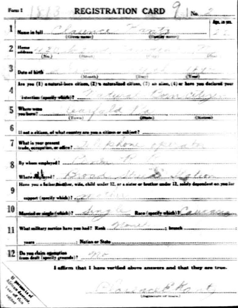 Clarence E. Kantz World War I Draft Registration Card — front