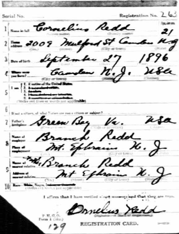 Cornelius Redd World War I Draft Registration Card — front