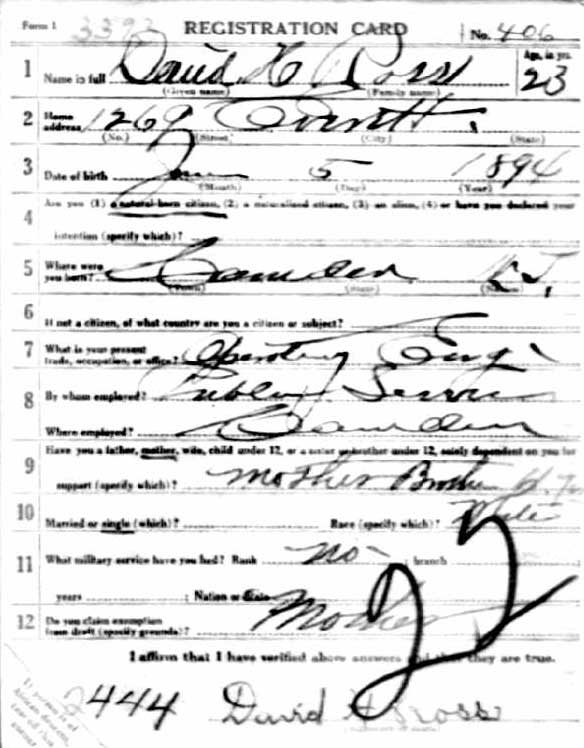 David H. Ross World War I Draft Registration Card — front