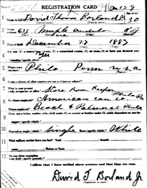 David T. Borland World War I Draft Registration Card — front