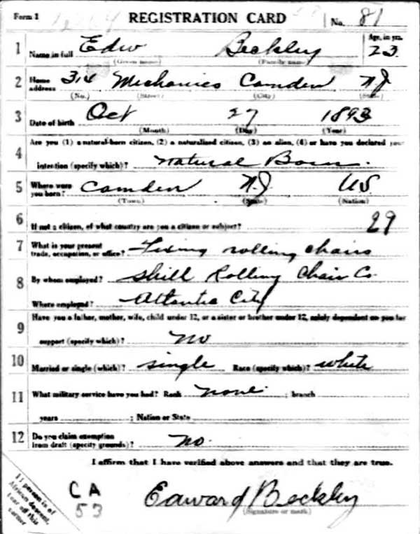 Edward Beckley World War I Draft Registration Card — front