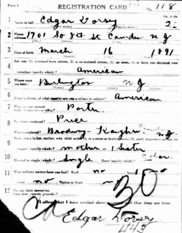 Edward H. Dorsey World War I Draft Registration Card — front