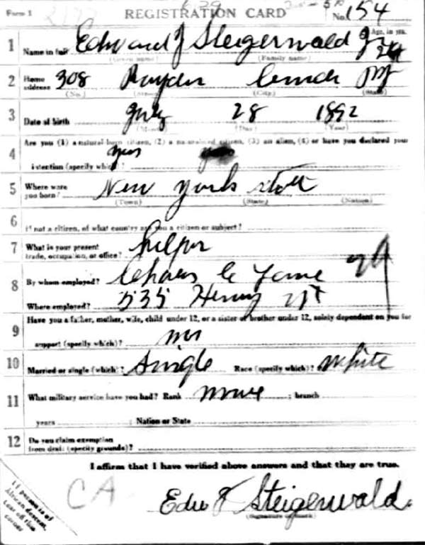 Edward J. Steigerwald World War I Draft Registration Card — front