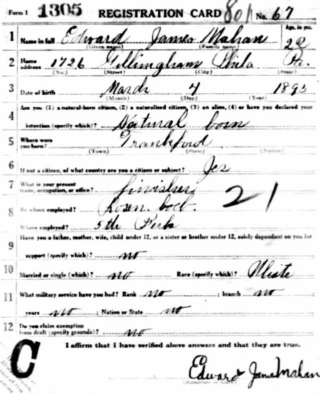 Edward J. Mahan World War I Draft Registration Card — front