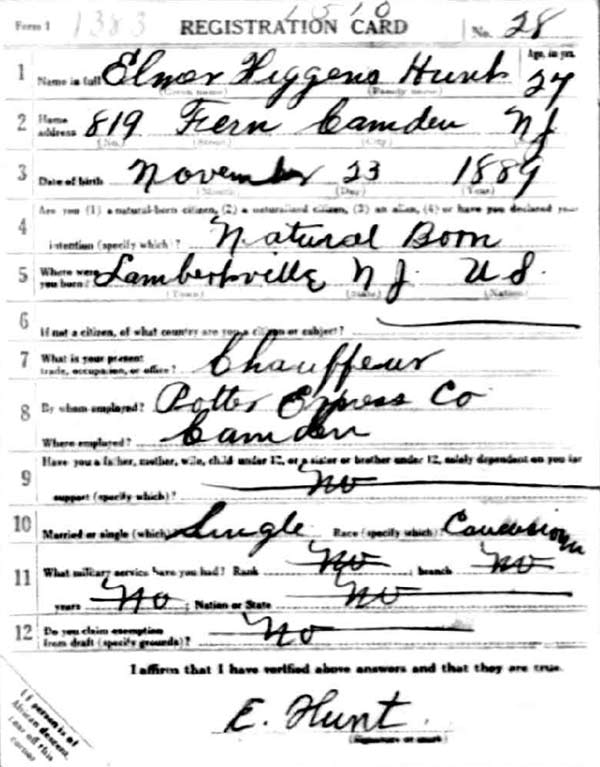 Elmer H. Hunt World War I Draft Registration Card — front