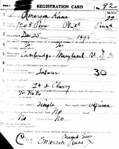 Emerson J. Kane World War I Draft Registration Card — front