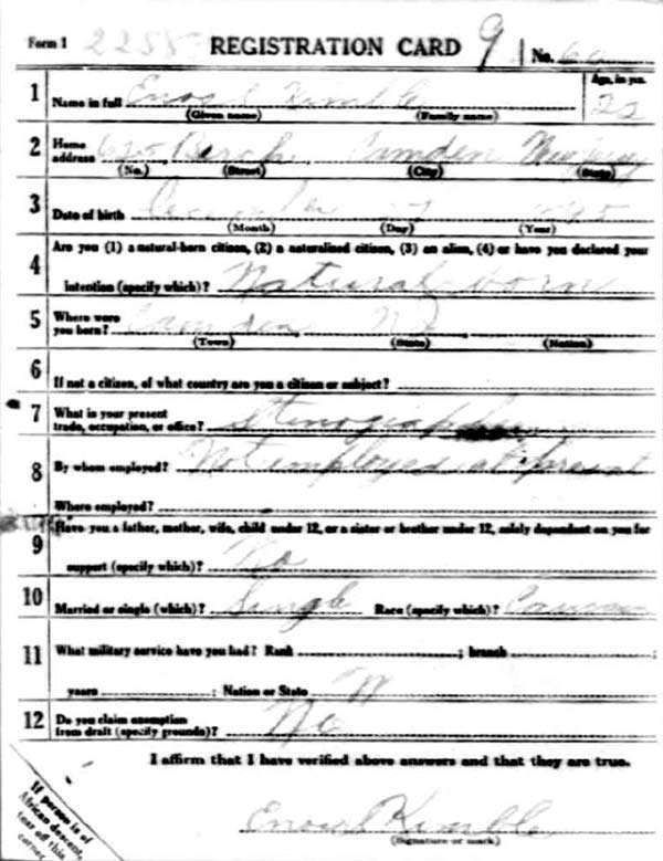Enos S. Kimble World War I Draft Registration Card — front