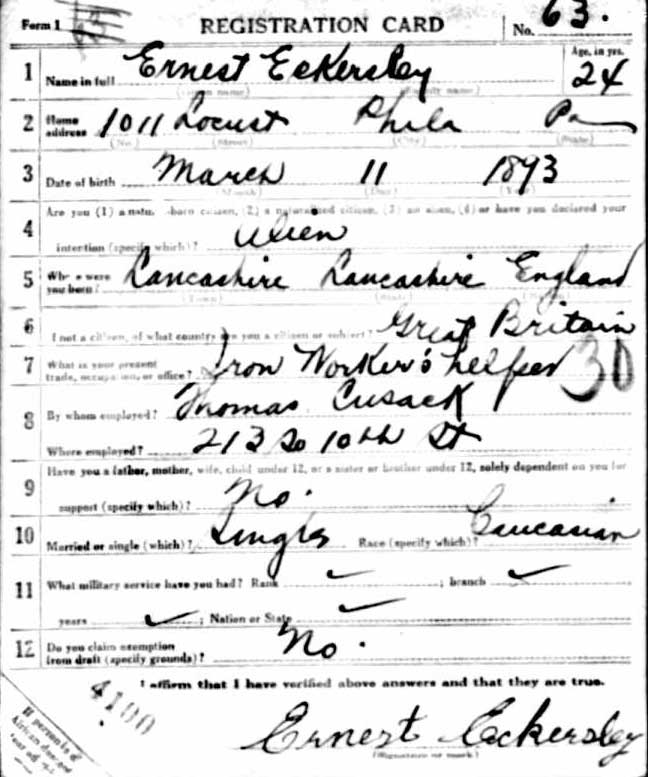 Ernest Eckersley World War I Draft Registration Card — front