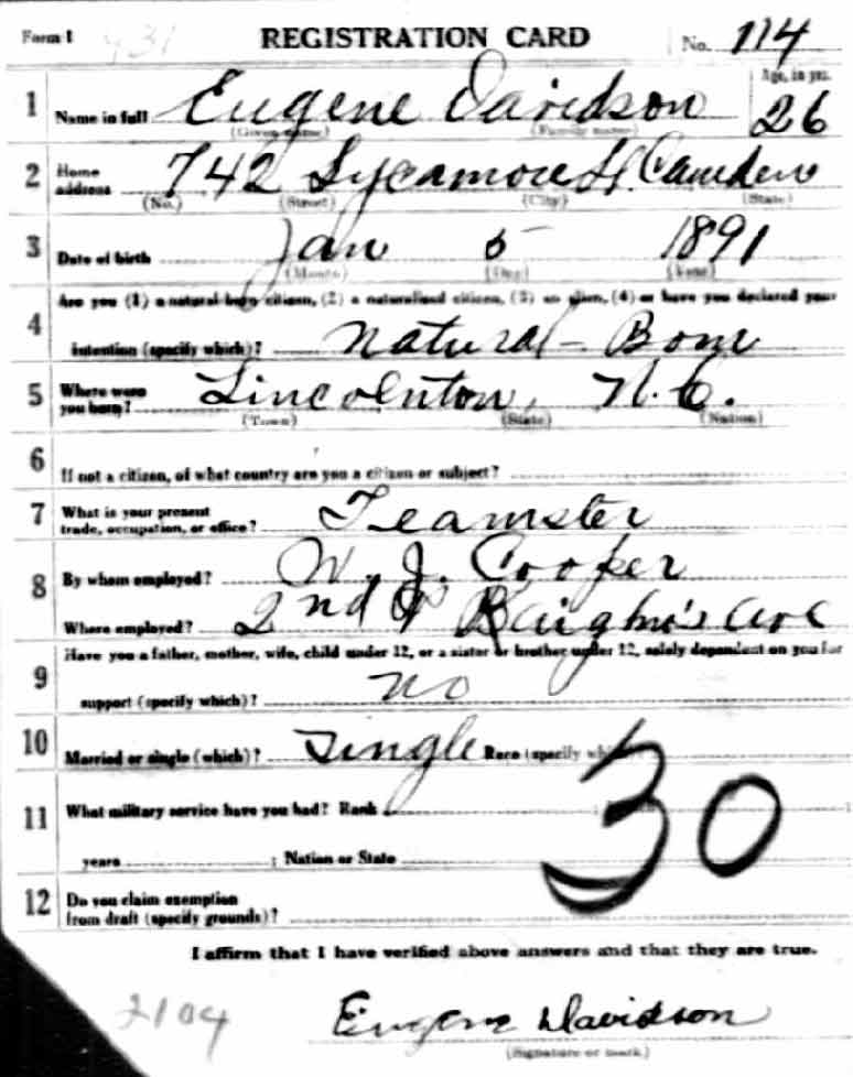 Eugene Davidson World War I Draft Registration Card — front
