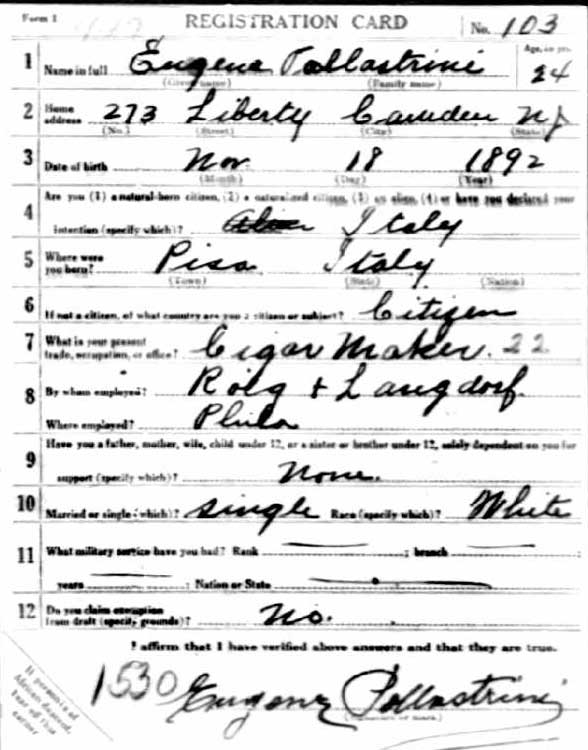 Eugene Pollastrini World War I Draft Registration Card — front