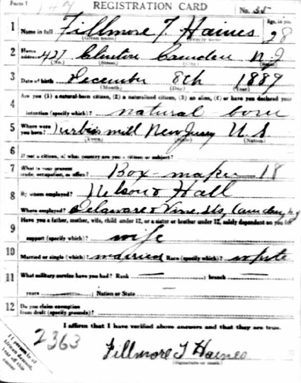 Fillmore Haines World War I Draft Registration Card — front