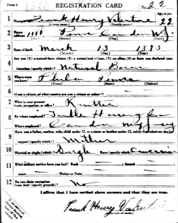 Frank H. Valentine World War I Draft Registration Card — front