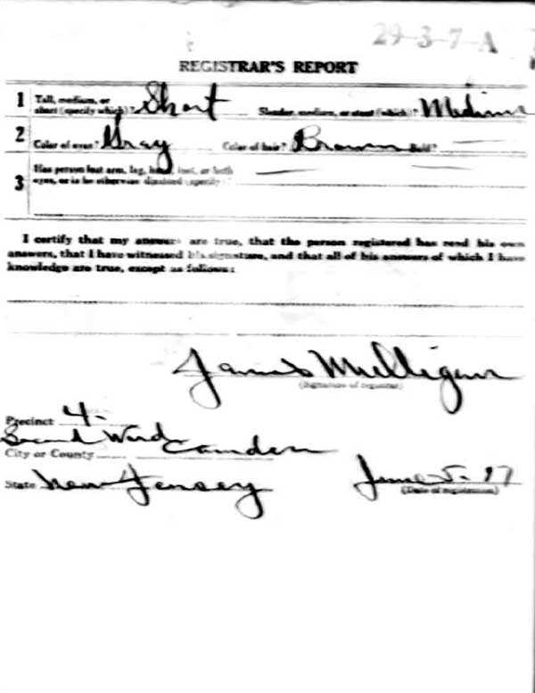 Frank H. Valentine World War I Draft Registration Card — back