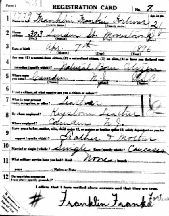 Franklin F. Fortiner World War I Draft Registration Card — front