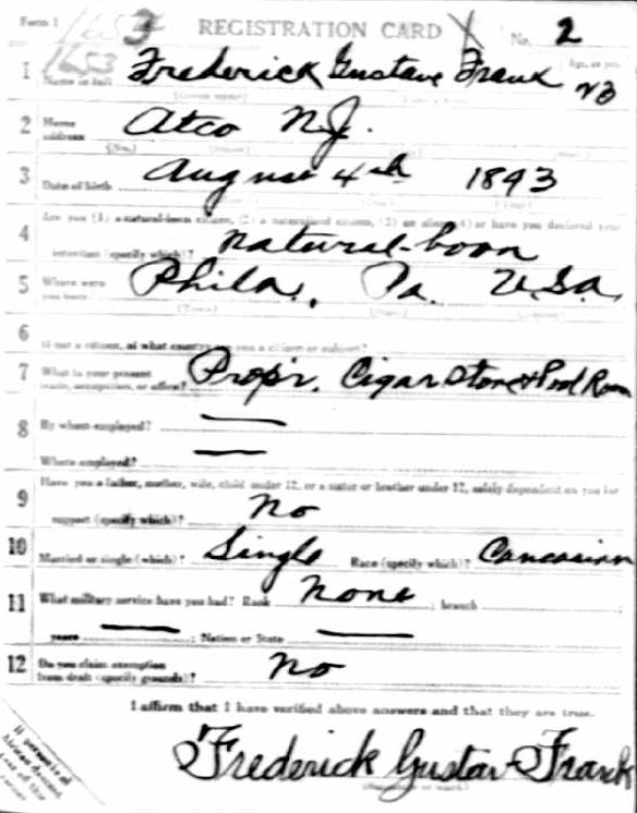 Frederick Frank World War I Draft Registration Card — front