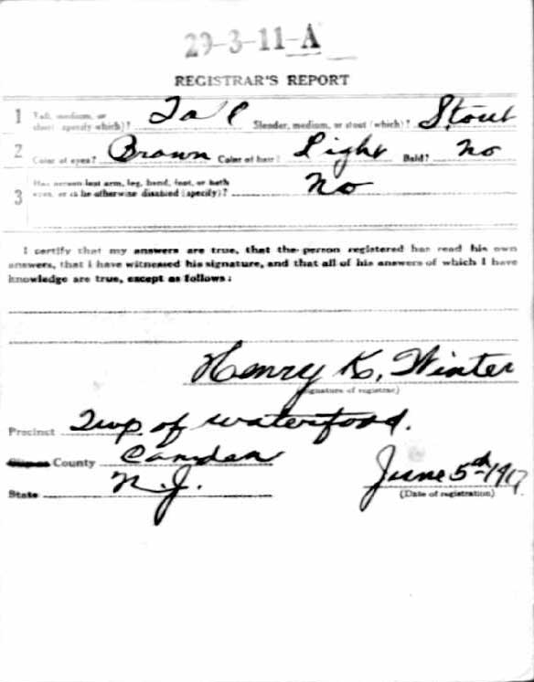 Frederick Frank World War I Draft Registration Card — back