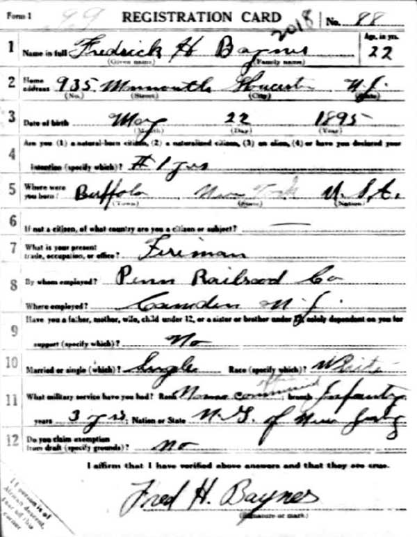Frederick H. Baynes World War I Draft Registration Card — front