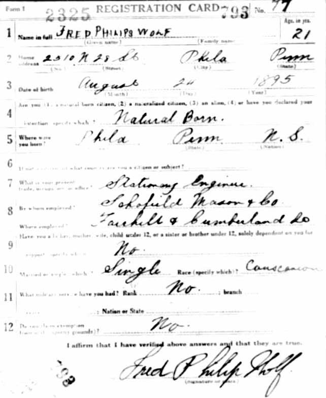 Fred P. Wolf World War I Draft Registration Card — front