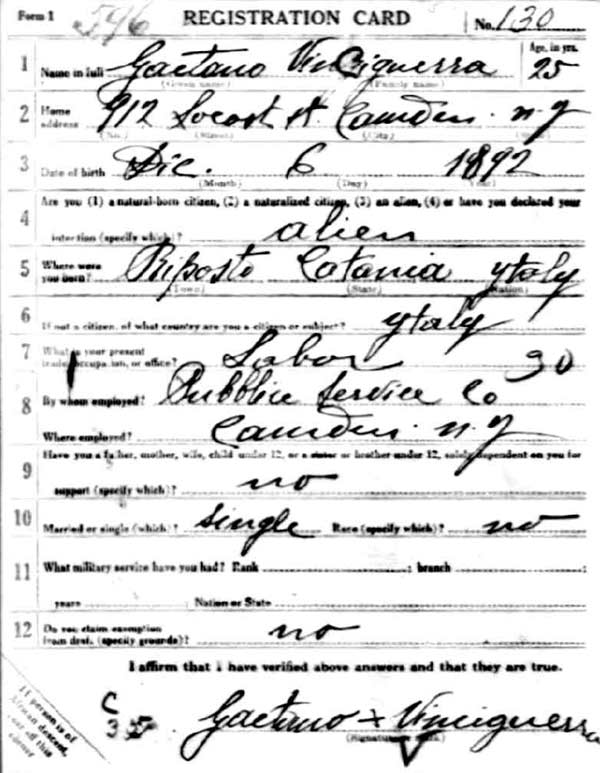 Gaetano Vinciguerra World War I Draft Registration Card — front
