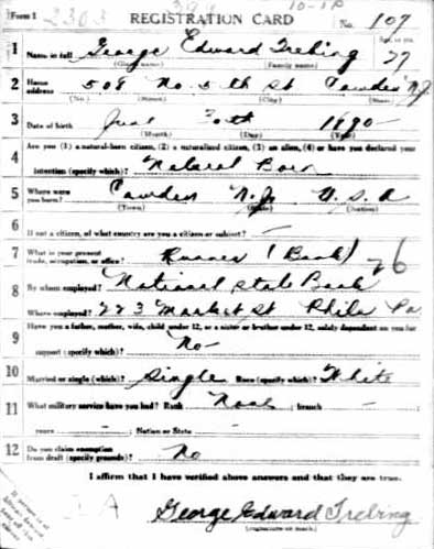 George E. Trebing World War I Draft Registration Card — front