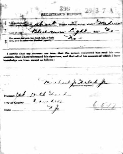 George E. Trebing World War I Draft Registration Card — back