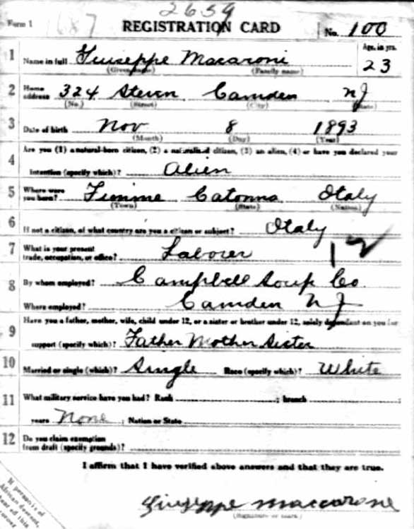 Giuseppe Maccarone World War I Draft Registration Card — front