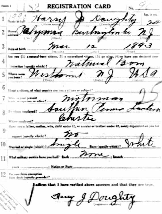 Harry J. Doughty World War I draft registration card (front)