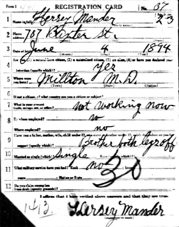 Charles Hersey Mander World War I draft registration card (front)