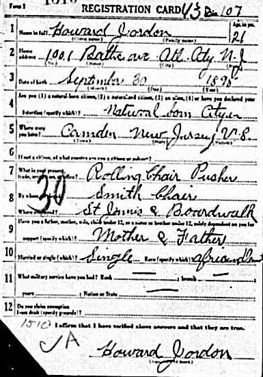Howard Jordan World War I draft card (front)