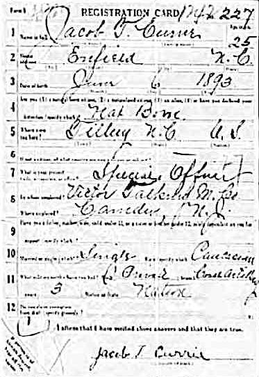 Jacob T. Currie World War I draft registration card (front)