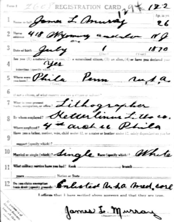 James L. Murray World War I draft registration card (front)
