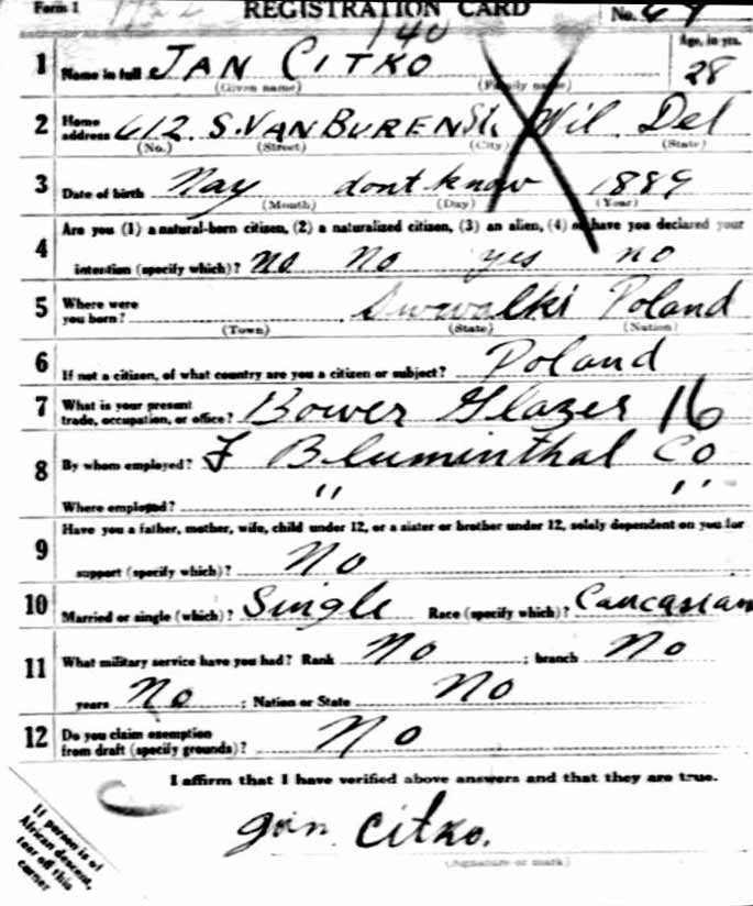 Jan Citko World War I draft registration card (front)