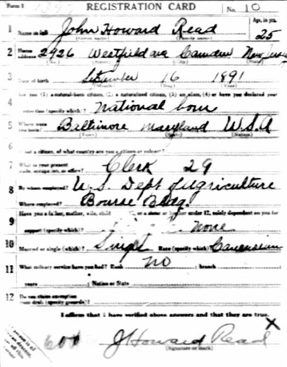 John Howard Read World War I draft registration card (front)