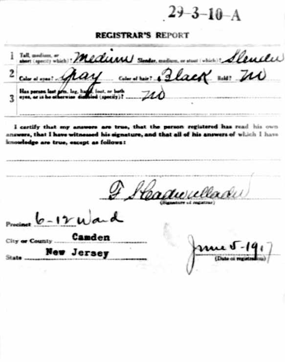 John Howard Read World War I draft registration card (reverse)