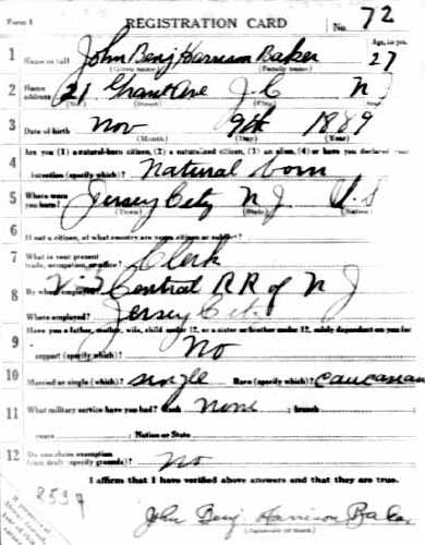 John Benjamin H. Baker World War I draft registration card (front)