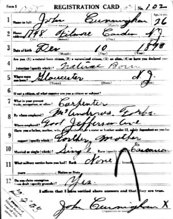 John Cunningham World War I draft registration card (front)