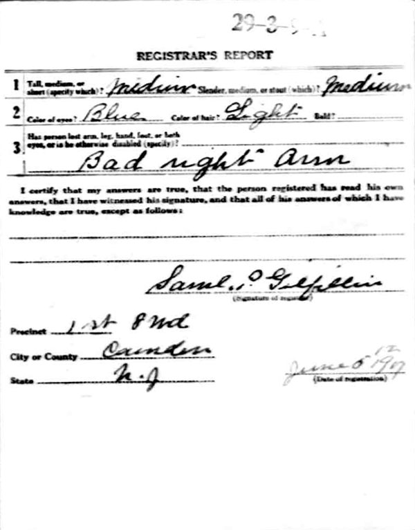 John Cunningham World War I draft registration card (reverse)