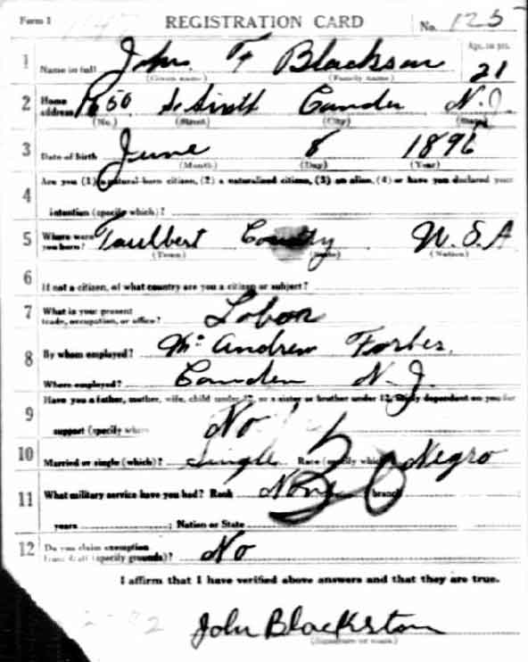 John F. Blackston World War I draft registration card (front)
