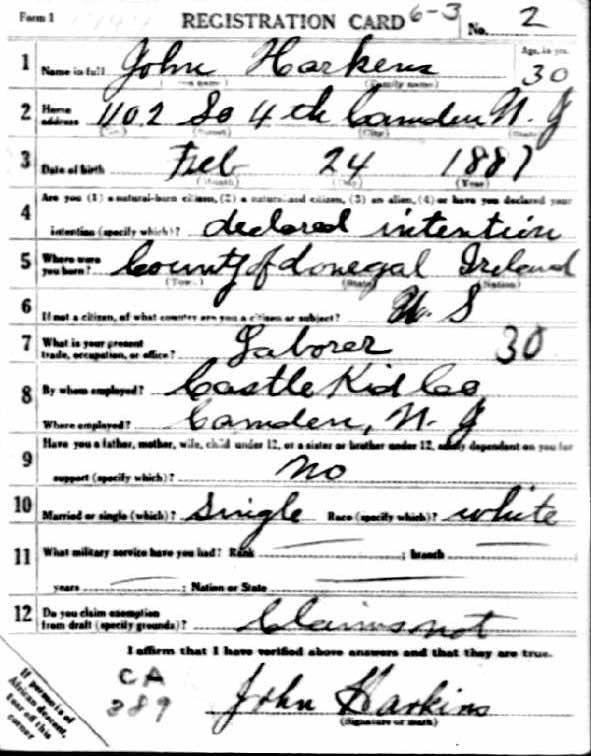 John Harkins World War I draft registration card (front)