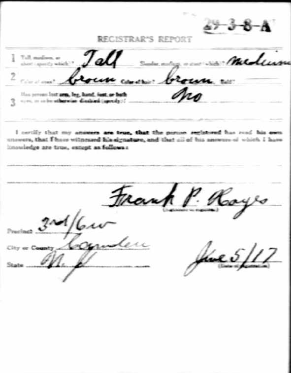 John Harkins World War I draft registration card (reverse)
