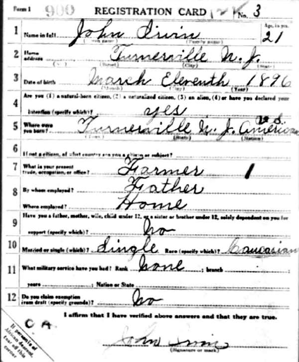 John Irvin World War I draft registration card (front)