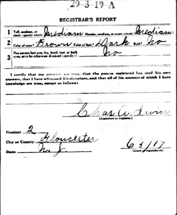 John Irvin World War I draft registration card (reverse)